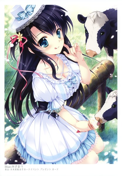 Anime picture 2406x3475 with original mikeou single long hair tall image looking at viewer blush highres blue eyes black hair scan girl dress hat animal food sweets ice cream cow