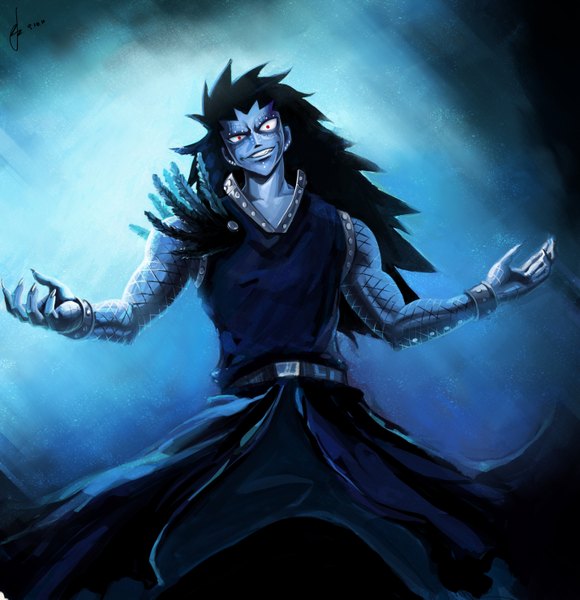 Anime picture 5719x5915 with fairy tail gajeel redfox non-cubic long hair tall image highres black hair simple background smile red eyes absurdres grin piercing magic boy cloak