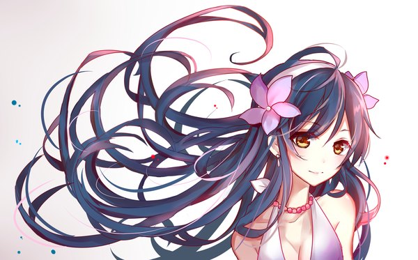 Anime picture 3000x1865 with love live! school idol project sunrise (studio) love live! sonoda umi akira (ying) single long hair looking at viewer fringe highres breasts simple background wide image white background brown eyes blue hair cleavage hair flower light smile no bra