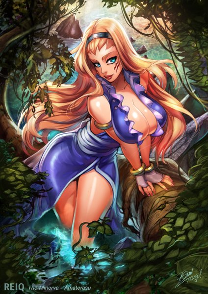 Anime picture 850x1202 with reiq (artist) single long hair tall image breasts blue eyes light erotic blonde hair large breasts cleavage facial mark girl gloves plant (plants) tree (trees) bracelet leaf (leaves)