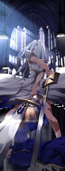 Anime picture 576x1500 with fate (series) fate/stay night fate/zero type-moon artoria pendragon (all) saber irisviel von einzbern hullabaloo long hair tall image looking at viewer blue eyes blonde hair sitting multiple girls white hair indoors pink eyes looking back girl
