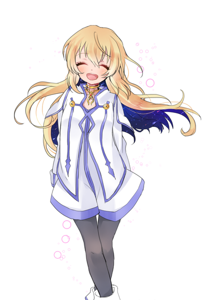 Anime picture 724x1023 with tales of (series) tales of symphonia collet brunel oonishi nishio single long hair tall image blush fringe open mouth simple background blonde hair smile hair between eyes standing white background eyes closed :d teeth crossed legs