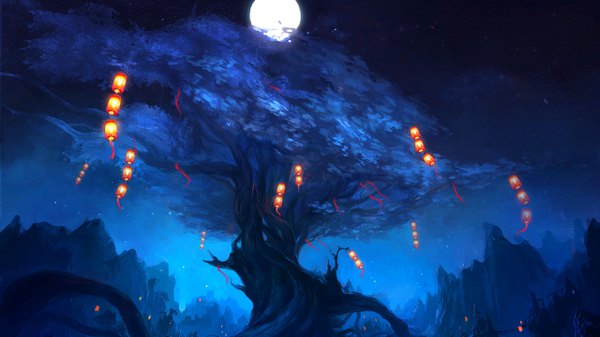 Anime picture 2560x1440 with original tagme (artist) highres wide image night mountain no people plant (plants) tree (trees) moon full moon chinese lantern