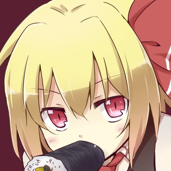 Anime picture 1000x1000 with touhou rumia yutamaro (artist) single looking at viewer blush fringe short hair simple background blonde hair hair between eyes holding payot pink eyes from above fang (fangs) mouth hold close-up red background food in mouth