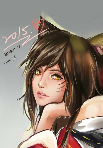 Anime picture 795x1139 with league of legends ahri (league of legends) lancer0519 single long hair tall image looking at viewer black hair simple background animal ears yellow eyes lips fox girl 2015 girl