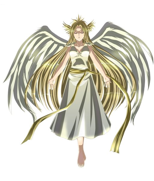 Anime picture 1500x1754 with hoshigami elvilla takamichi long hair tall image simple background blonde hair white background eyes closed angel wings girl dress