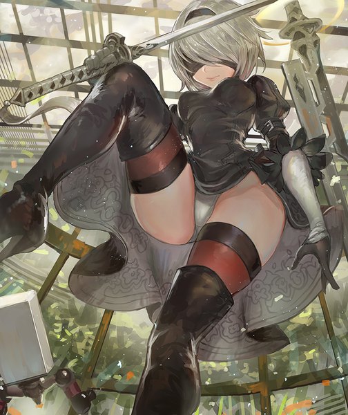 Anime picture 840x1000 with nier nier:automata yorha no. 2 type b canking single tall image short hair light erotic standing holding silver hair from below high heels pantyshot thighs standing on one leg leg lift (legs lift) shiny upskirt shiny clothes