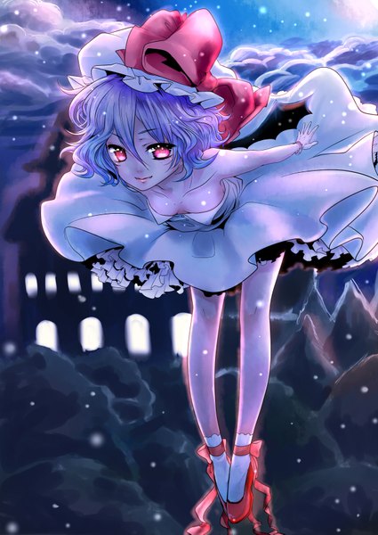 Anime picture 2507x3541 with touhou remilia scarlet nekodanukoko single tall image looking at viewer highres short hair smile red eyes bare shoulders purple hair legs spread arms flying girl dress wings socks white dress