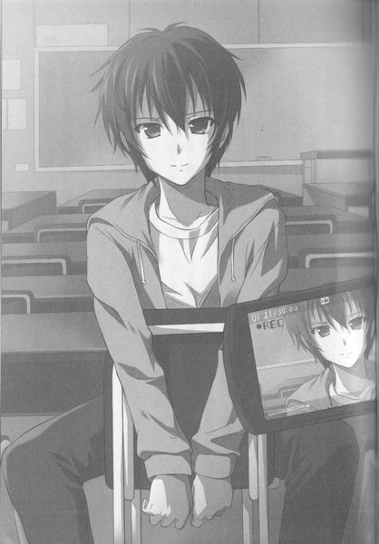 Anime picture 1223x1755 with golden time j.c. staff tada banri komatsu eiji single tall image looking at viewer black hair sitting traditional clothes japanese clothes light smile black eyes official art monochrome classroom boy jacket kimono camera