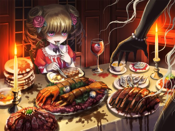 Anime picture 1200x900 with original ume (illegal bible) blush short hair blonde hair sitting pink eyes hair flower loli drill hair eating eyes guro girl dress hair ornament blood cup knife candle (candles)