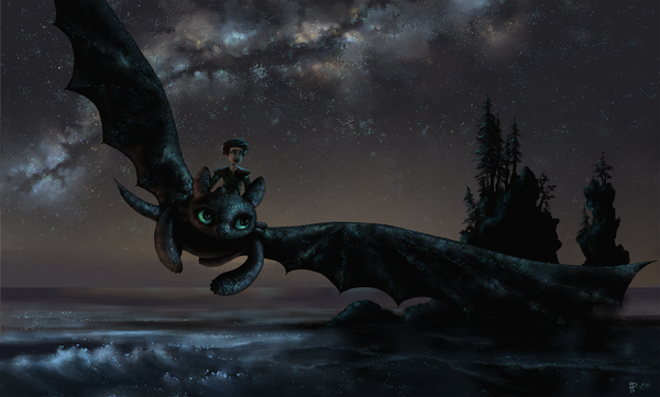 Anime picture 2500x1505 with how to train your dragon dreamworks toothless hiccup horrendous haddock iii rom-art highres short hair open mouth black hair smile brown hair wide image green eyes animal ears looking away tail night night sky light flying