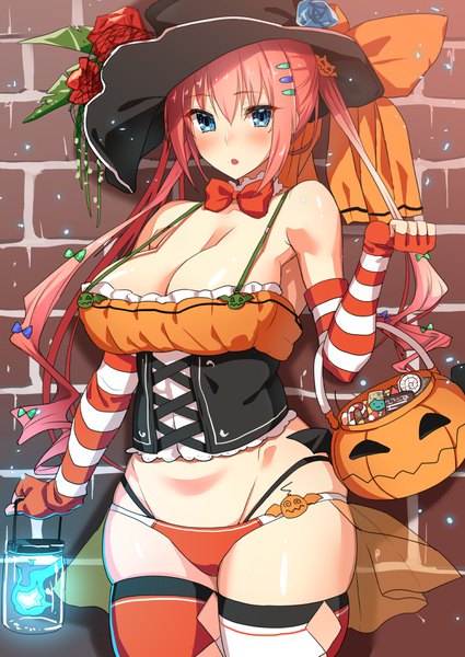 Anime picture 752x1062 with original body mahattaya ginga single long hair tall image looking at viewer fringe breasts blue eyes light erotic hair between eyes large breasts twintails bare shoulders holding pink hair parted lips :o halloween ghost