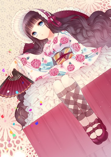 Anime picture 1240x1753 with original momoshiki tsubaki single long hair tall image blue eyes black hair sitting loli girl dress belt bonnet fan