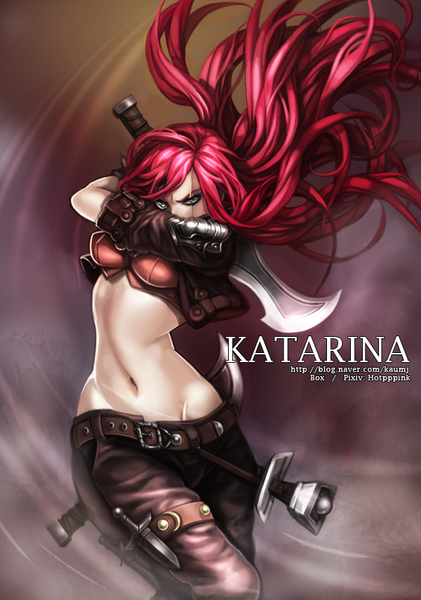 Anime picture 600x855 with league of legends katarina (league of legends) bbbox (hotpppink) single long hair tall image looking at viewer light erotic standing green eyes red hair inscription bare belly midriff scar eyebrows girl navel weapon bracelet