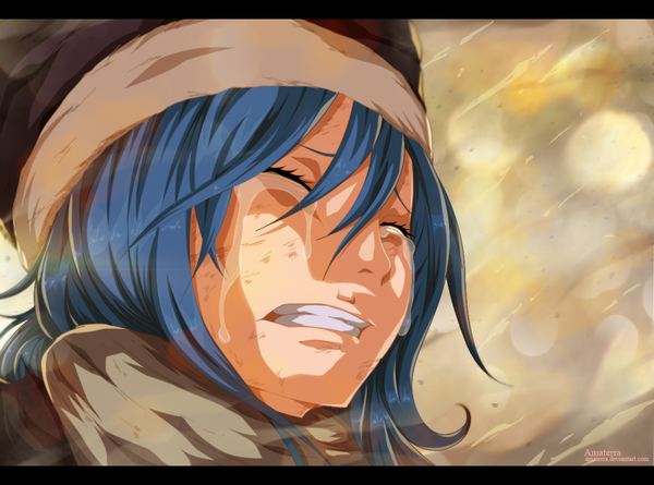 Anime picture 1200x890 with fairy tail juvia lockser amaterra single long hair blue hair eyes closed tears coloring close-up face crying clenched teeth girl fur cap winter clothes