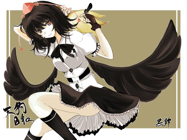 Anime picture 1600x1200 with touhou shameimaru aya takaharu highres short hair breasts light erotic black hair red eyes black wings girl ribbon (ribbons) hat wings