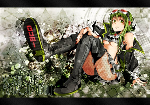 Anime picture 1500x1050 with vocaloid gumi nou single short hair smile bare shoulders green eyes nail polish green hair girl boots goggles