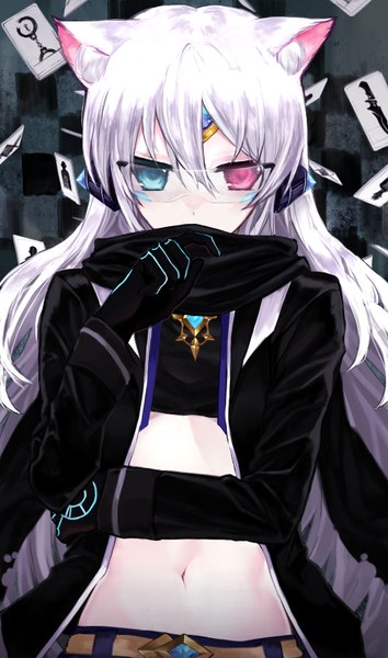 Anime picture 472x800 with elsword eve (elsword) boo hnd single long hair tall image looking at viewer fringe blue eyes hair between eyes animal ears pink eyes cat ears open jacket bare belly cat girl heterochromia covering checkered checkered background