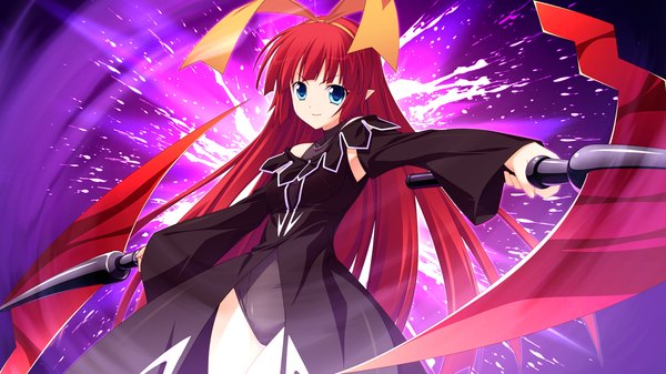 Anime picture 1280x720 with endless dungeon von term sakana single long hair looking at viewer blue eyes wide image game cg red hair girl dress bow weapon hair bow scythe