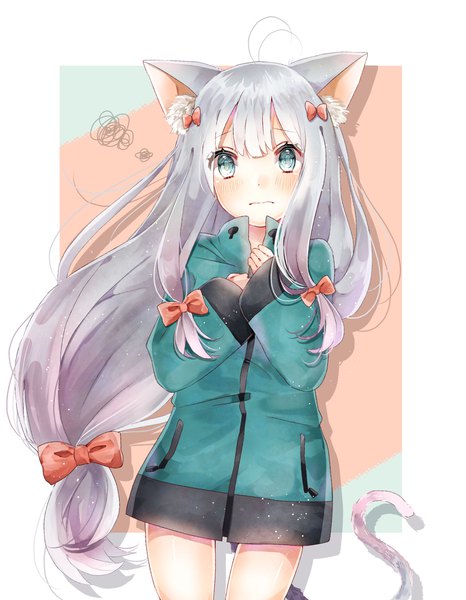 Anime picture 1631x2096 with eromanga sensei a-1 pictures izumi sagiri ayataka0413 single long hair tall image blush animal ears silver hair ahoge tail animal tail aqua eyes cat ears cat tail embarrassed low ponytail kemonomimi mode nekomimi mode