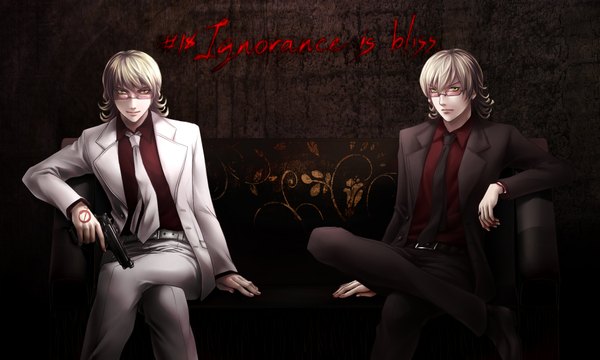 Anime picture 2000x1200 with tiger & bunny sunrise (studio) barnaby brooks jr. ourobunny v-sil highres short hair blonde hair wide image sitting green eyes inscription tattoo dual persona boy glasses necktie belt gun ring
