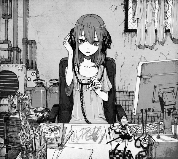 Anime picture 1000x896 with original toi (number8) single long hair monochrome girl headphones doll (dolls) pen computer computer keyboard