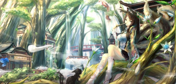 Anime picture 3000x1438 with original kikivi single long hair looking at viewer highres blue eyes brown hair wide image animal ears tail animal tail multiple tails ghost girl skirt flower (flowers) plant (plants) tree (trees) socks