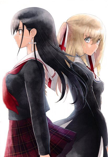 Anime picture 4781x6963 with sister blood tony taka long hair tall image fringe highres black hair simple background blonde hair hair between eyes white background twintails multiple girls absurdres profile scan grey eyes plaid skirt >:( girl