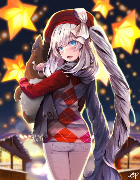 Anime picture 1561x2000 with fate (series) fate/grand order marie antoinette (fate/grand order) ep (emio parn) single tall image looking at viewer blush fringe open mouth blue eyes hair between eyes standing twintails signed silver hair outdoors long sleeves very long hair :d
