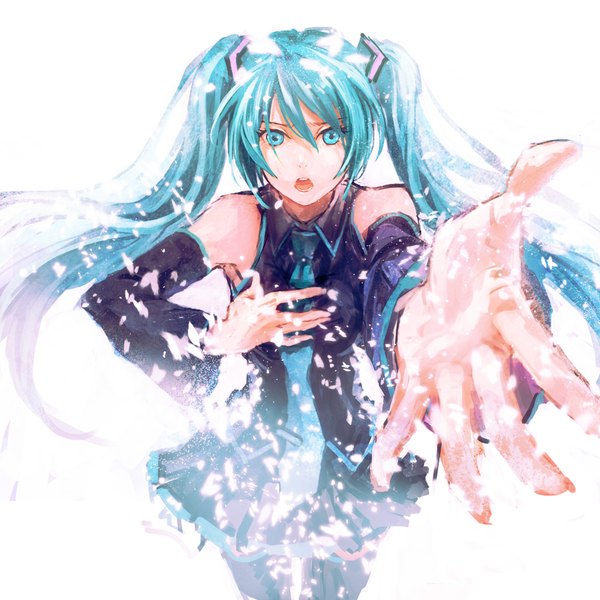 Anime picture 900x900 with vocaloid hatsune miku yamakawa umi single long hair fringe open mouth simple background hair between eyes white background twintails bare shoulders aqua eyes from above aqua hair hand on chest outstretched hand girl detached sleeves petals
