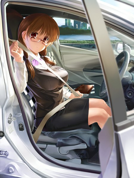 Anime picture 750x1000 with original kiryuu takahisa single long hair tall image looking at viewer breasts red eyes brown hair large breasts car interior girl skirt glasses ground vehicle car