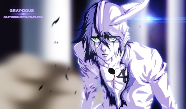 Anime picture 2265x1336 with bleach studio pierrot ulquiorra schiffer gray-dous single highres short hair black hair wide image green eyes traditional clothes japanese clothes horn (horns) tattoo coloring facial mark light smoke espada boy