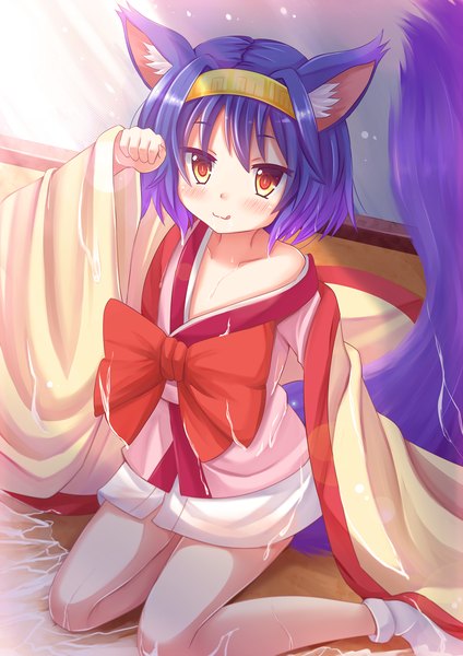 Anime picture 1200x1697 with no game no life madhouse hatsuse izuna kazenokaze single tall image looking at viewer blush short hair animal ears blue hair tail traditional clothes animal tail orange eyes girl hairband