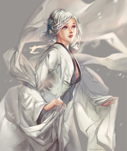 Anime picture 1009x1200 with original claparo-sans single long hair tall image blue eyes white hair traditional clothes wind inscription grey background looking up girl hair ornament cloak