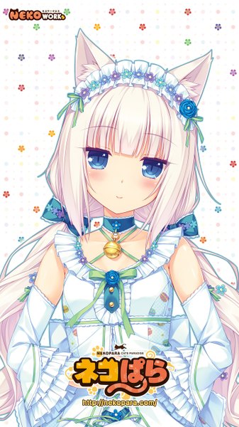 Anime picture 720x1280 with neko paradise neko works (studio) vanilla (nekopara) sayori single long hair tall image looking at viewer blush breasts blue eyes smile twintails bare shoulders animal ears payot white hair blunt bangs head tilt hair flower