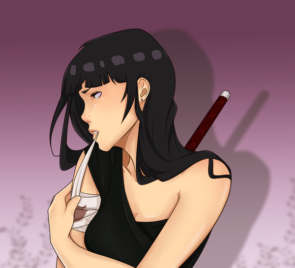 Anime picture 1024x931 with naruto studio pierrot naruto (series) hyuuga hinata single long hair black hair bare shoulders profile shadow white eyes girl weapon earrings sword katana bandage (bandages)