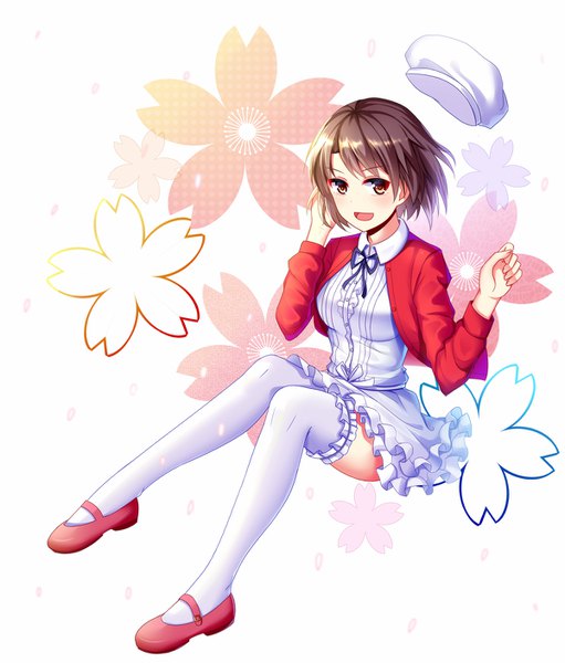 Anime picture 1200x1408 with saenai heroine no sodatekata a-1 pictures katou megumi meng xiao jiong single tall image looking at viewer short hair open mouth brown hair brown eyes full body :d frilled dress hat removed headwear removed floral background girl thighhighs dress