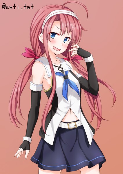 Anime picture 1200x1697 with kantai collection kawakaze (kantai collection) anti (0324) single long hair tall image looking at viewer fringe open mouth blue eyes simple background standing twintails bare shoulders signed pink hair ahoge bare belly low twintails pink background