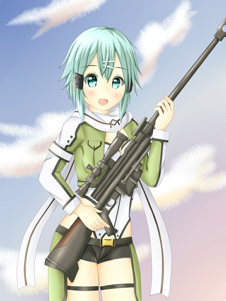 Anime picture 750x1000 with sword art online a-1 pictures asada shino tear yu single tall image looking at viewer blush fringe short hair open mouth blue eyes smile aqua hair girl weapon gun clothes sniper rifle