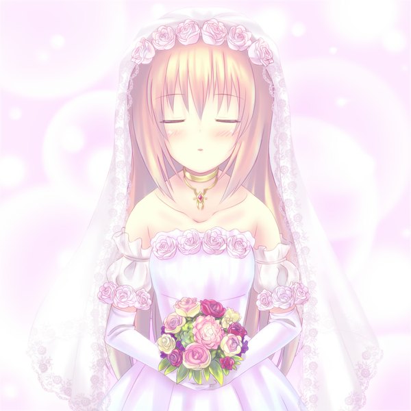 Anime picture 1000x1000 with tales of (series) tales of symphonia collet brunel shiwasuzuki single long hair blush bare shoulders pink hair eyes closed girl dress gloves elbow gloves wedding dress