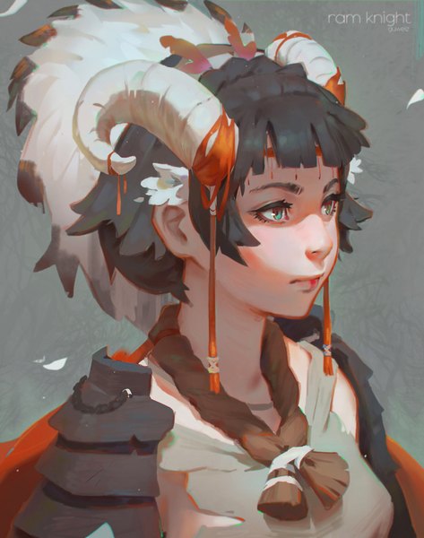 Anime picture 900x1142 with original guweiz single tall image fringe short hair black hair simple background green eyes signed payot looking away upper body blunt bangs traditional clothes japanese clothes horn (horns) grey background text portrait