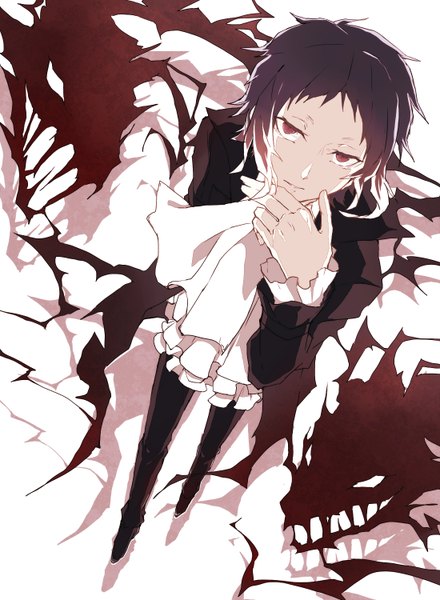 Anime picture 1100x1500 with bungou stray dogs studio bones akutagawa ryuunosuke (bungou stray dogs) nanora (sero4) single tall image looking at viewer short hair black hair simple background red eyes standing white background white hair multicolored hair from above two-tone hair shadow fang (fangs) grin