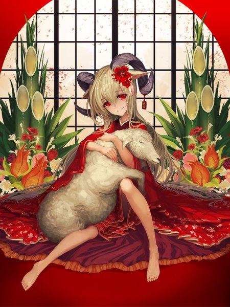Anime picture 1000x1333 with original tech chimera single long hair tall image fringe blonde hair smile red eyes sitting looking away traditional clothes japanese clothes barefoot hair flower horn (horns) wide sleeves bare legs legs hug