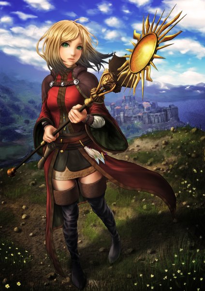 Anime picture 1000x1415 with dragon's dogma pawn (dragon's dogma) yuki tajima single tall image looking at viewer short hair brown hair green eyes sky cloud (clouds) girl dress thigh boots cloak staff castle