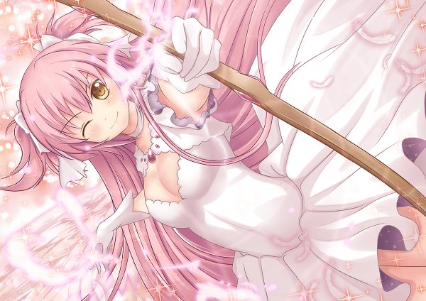Anime picture 1200x848 with mahou shoujo madoka magica shaft (studio) kaname madoka goddess madoka euforia single long hair smile yellow eyes pink hair one eye closed wink two side up girl dress gloves bow hair bow wings feather (feathers)
