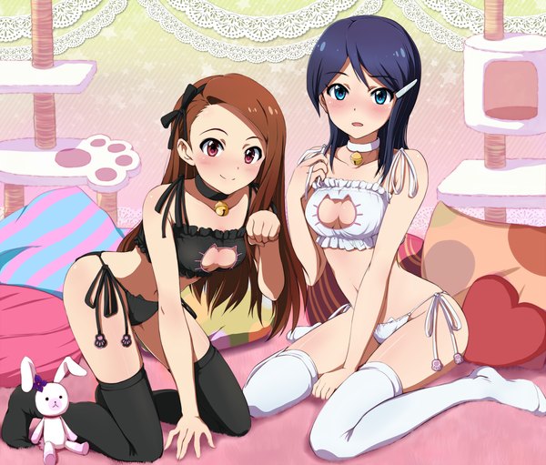 Anime picture 1524x1300 with idolmaster idolmaster dearly stars minase iori mizutani eri hina (araburu-hinadori) long hair looking at viewer blush short hair open mouth light erotic smile brown hair multiple girls blue hair red hair underwear only girl thighhighs underwear