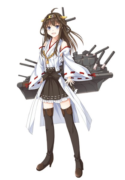 Anime picture 1631x2350 with kantai collection kongou battleship take5321 single long hair tall image open mouth blue eyes simple background brown hair white background nontraditional miko girl hair ornament weapon detached sleeves thigh boots