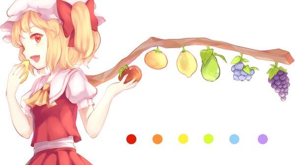 Anime picture 1781x1000 with touhou flandre scarlet hillly (maiwetea) single looking at viewer highres short hair open mouth simple background blonde hair red eyes wide image white background one side up alternate wings girl skirt wings food bonnet