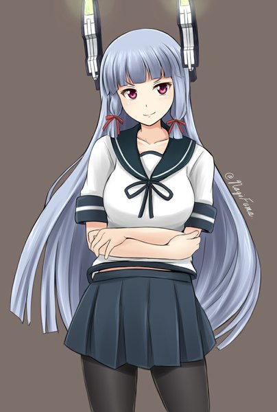 Anime picture 800x1189 with kantai collection murakumo destroyer fubuki destroyer fuuma nagi single long hair tall image looking at viewer fringe simple background signed pink eyes light smile grey hair light crossed arms cosplay tress ribbon brown background >:)
