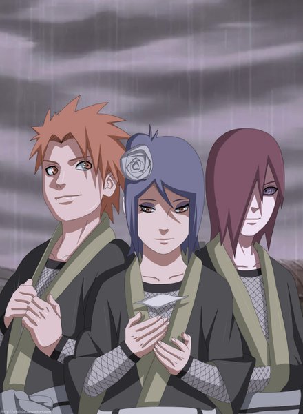 Anime picture 1000x1363 with naruto studio pierrot naruto (series) konan nagato (naruto) yahiko (naruto) vitaliklol tall image fringe short hair smile purple eyes blue hair sky cloud (clouds) red hair japanese clothes hair flower hair over one eye orange hair